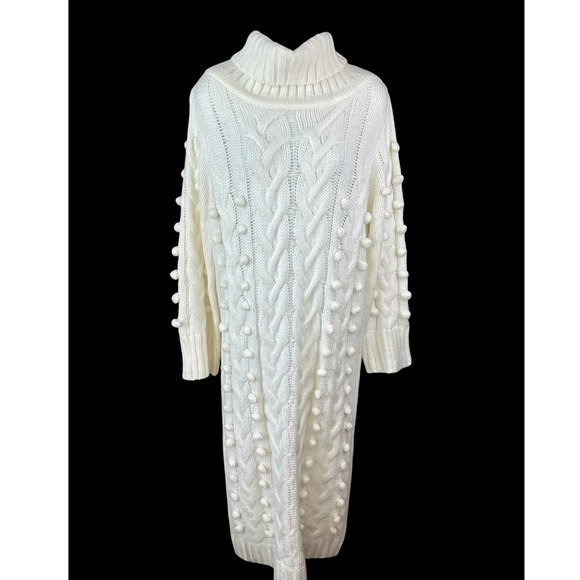 Farm Rio NWT SZMED Chunky Cable Knit PomPom Sweater Dress Cream Convertible Neck - Picture 9 of 16